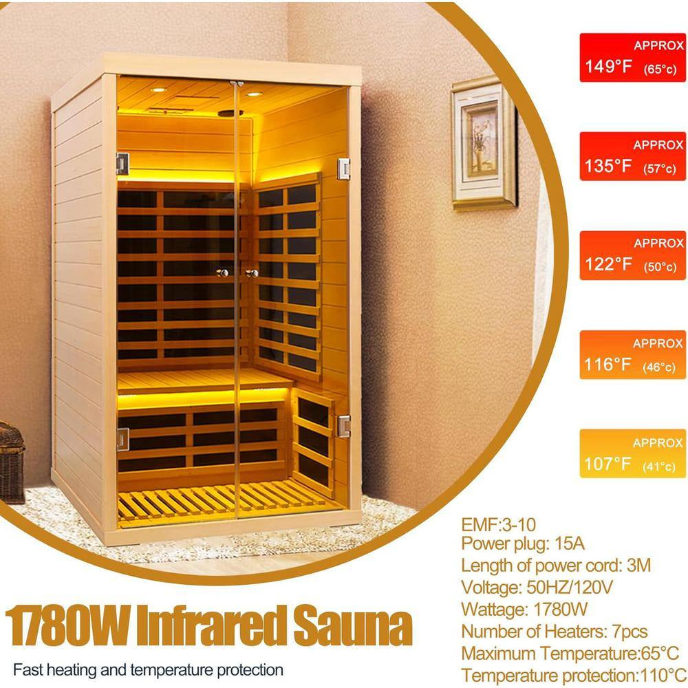 Moray 1-2 Person Indoor Hemlock Infrared Sauna with 7 Far-Infrared Carbon Crystal Heaters and Chromotherapy