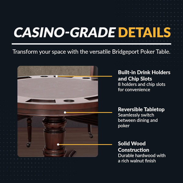 Round Poker Table Set Built for Gaming and Dining, Reversible Top, Hardwood Construction, 4 Chairs, 48-Inch