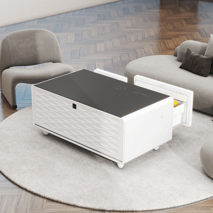 Modern Smart Coffee Table With Built-In Fridge - tooth Speaker, Wireless Charging, Touch Control Panel, USB Interface, Outlet Protection, Atmosphere Light