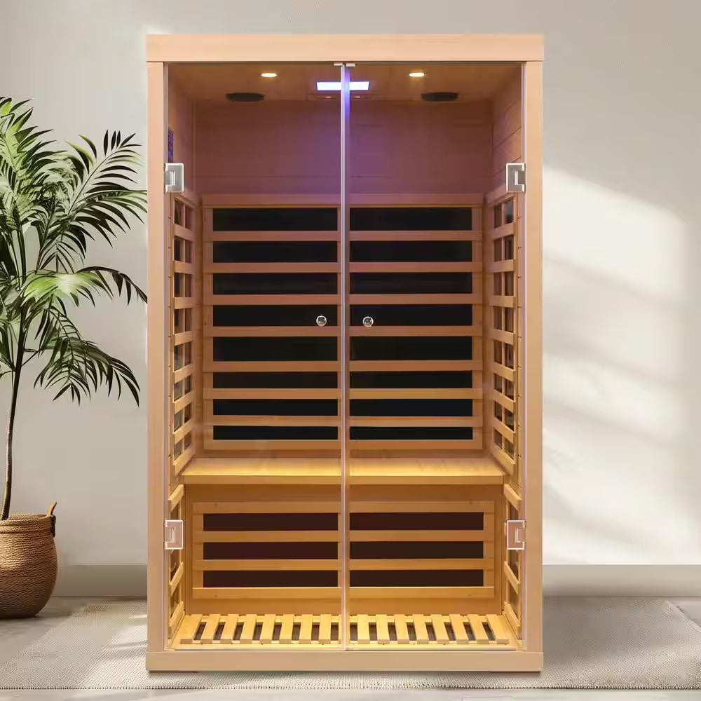 Moray 1-2 Person Indoor Hemlock Infrared Sauna with 7 Far-Infrared Carbon Crystal Heaters and Chromotherapy
