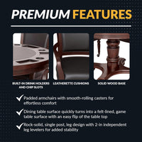 Bridgeport 2 in 1 round Poker Table and Chairs Set for Dining & Game Rooms – Furniture Grade Hardwood, Sturdy Pedestal Legs, Drink Holders, Chip Slots – Includes 4 Poker Table Chairs - Walnut
